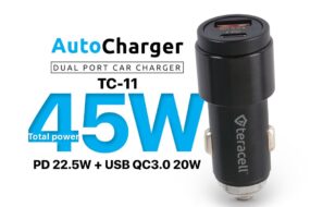 Auto punjac Teracell Evolution TC-11 PD 22.5W + USB QC3.0 20W, 45W (total) sa PD Lightning kablom crni